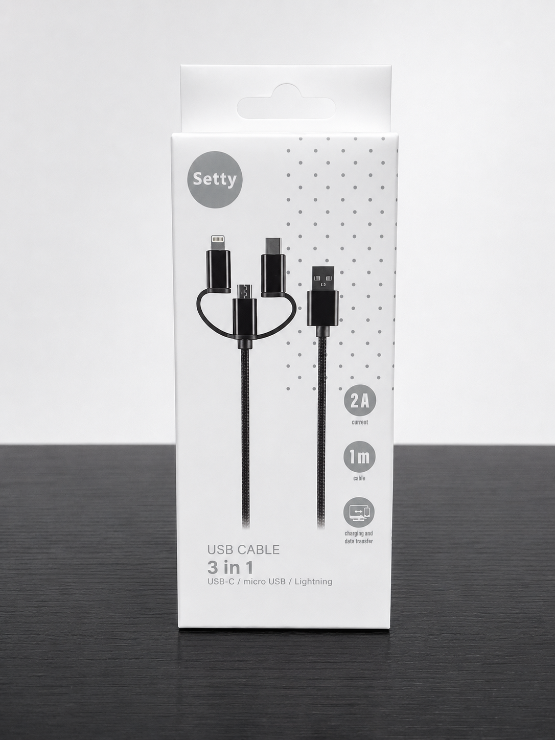 Câble de charge 3-en-1 Setty USB-C, Micro-USB & Lightning – 1 mètre