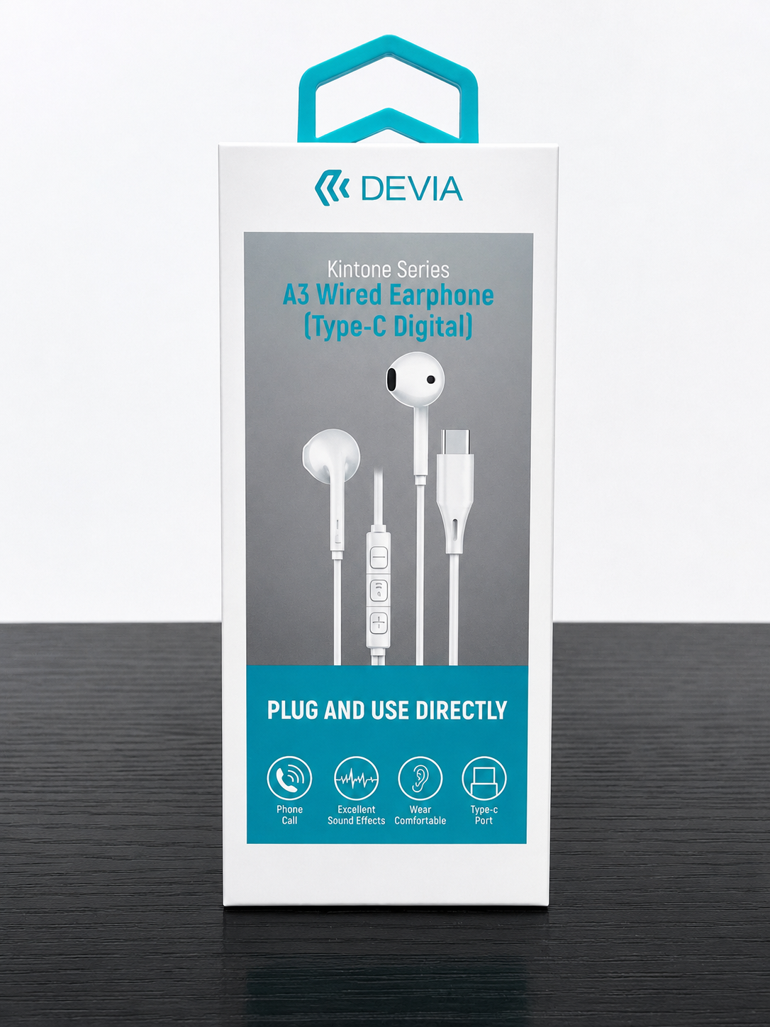 Écouteurs filaires USB-C Type Earpods DEVIA A3 – Blanc - Microphone et télécommande intégrés -