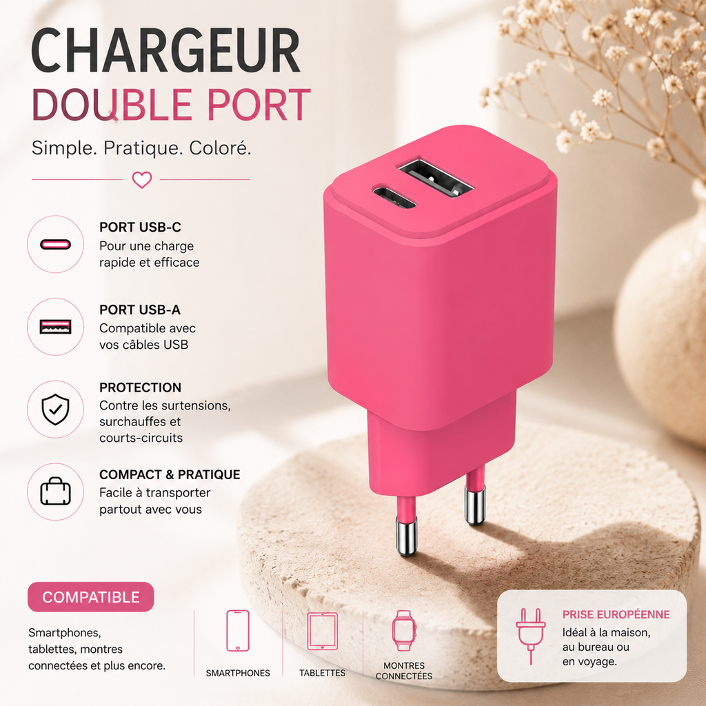 Chargeur 20w double port USB-C + USB-A – Rose 💗