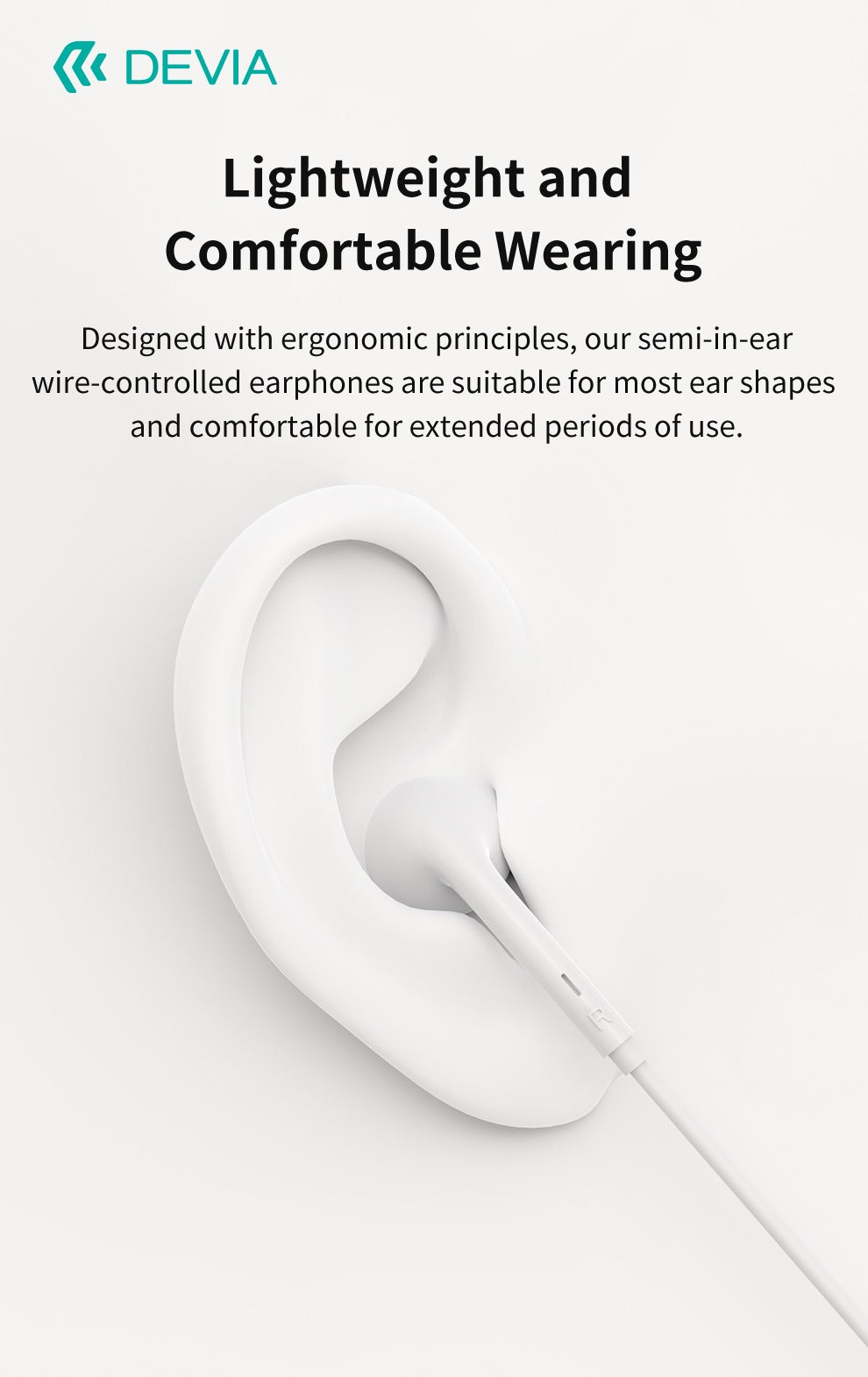 Écouteurs filaires USB-C Type Earpods DEVIA A3 – Blanc - Microphone et télécommande intégrés -