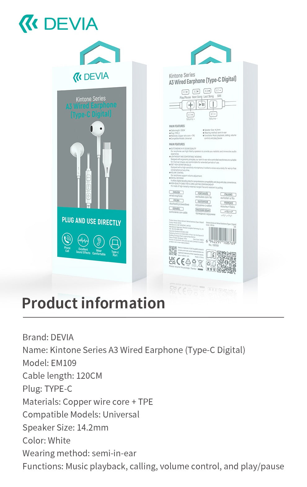 Écouteurs filaires USB-C Type Earpods DEVIA A3 – Blanc - Microphone et télécommande intégrés -