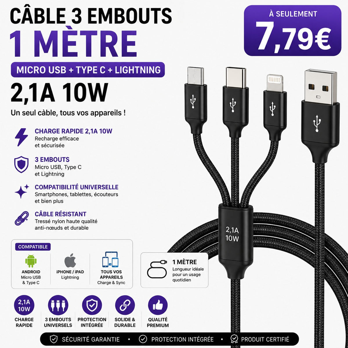 Câble de charge 3-en-1 Setty USB-C, Micro-USB & Lightning – 1 mètre