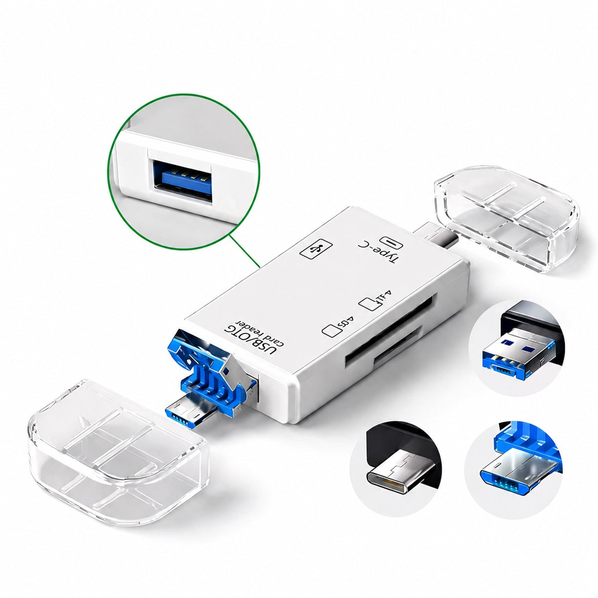 Lecteur de cartes multifonction 4-en-1 – USB, USB-C et Micro-USB