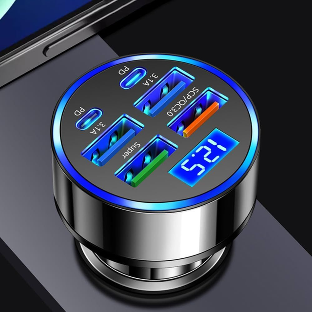 Chargeur de voiture multiport 6 en 1 avec détection de tension, 2PD + 3 USB + QC3.0