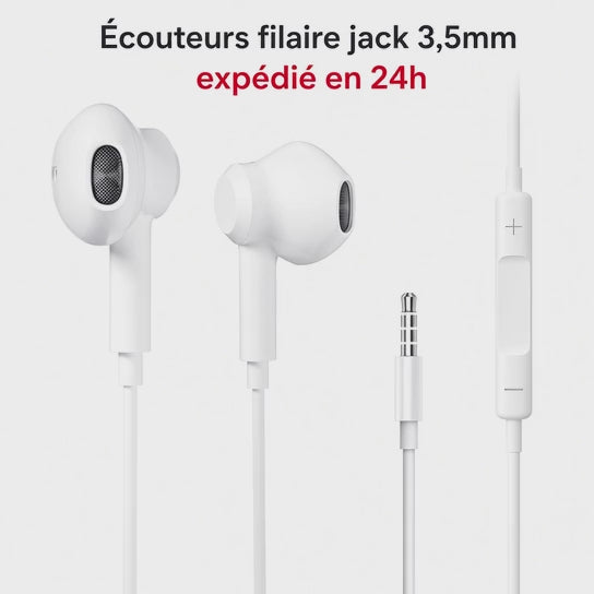 Écouteurs filaires blancs XO prise jack 3.5mm avec microphone